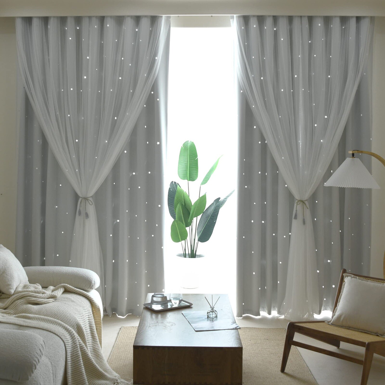 Gray Curtains for Kids Bedroom, Star Cutout Girls Room Blackout Gray Set Of Two
