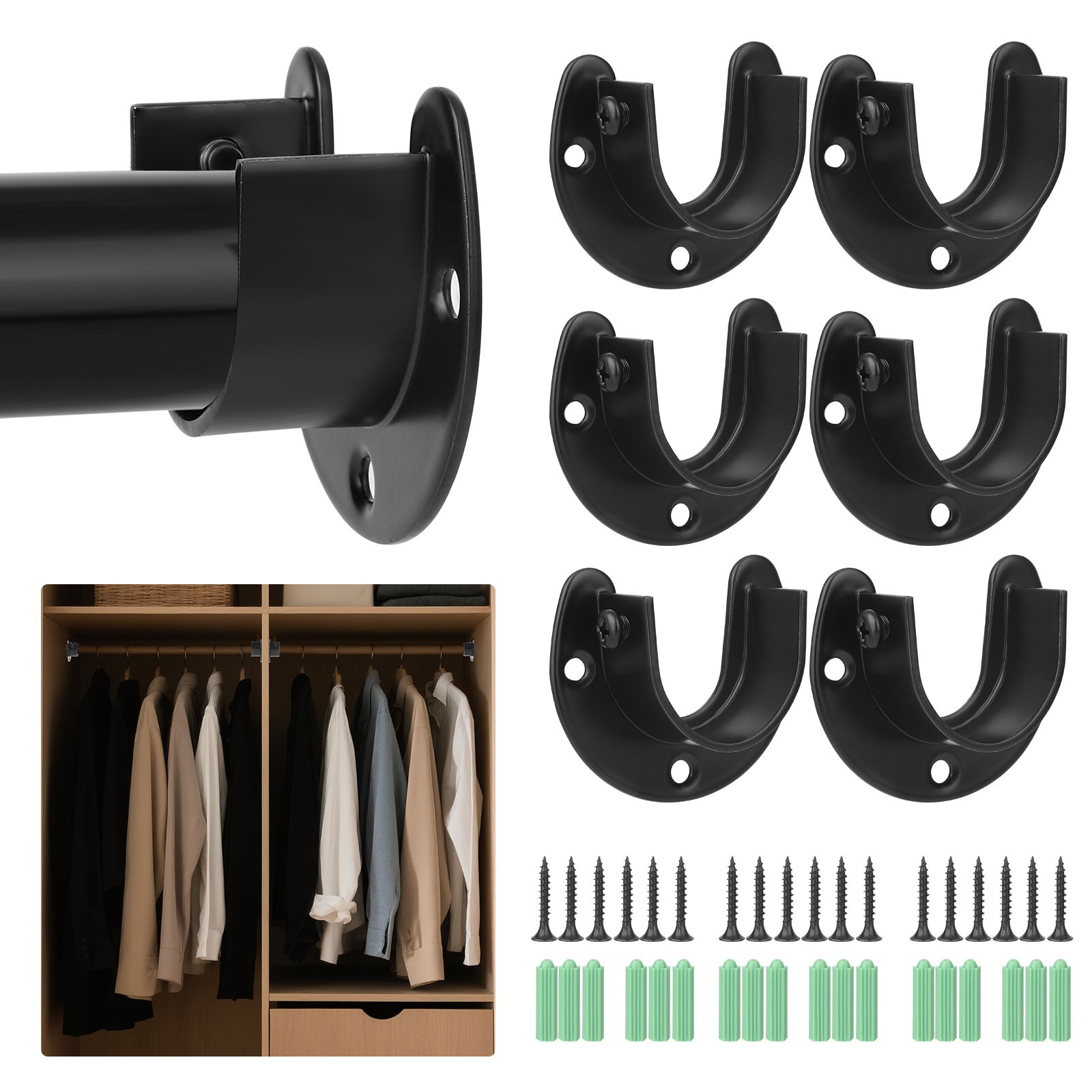 6 PCS Black Stainless Steel Closet Rod Sockets U-Shape Pipe Brackets with Screws
