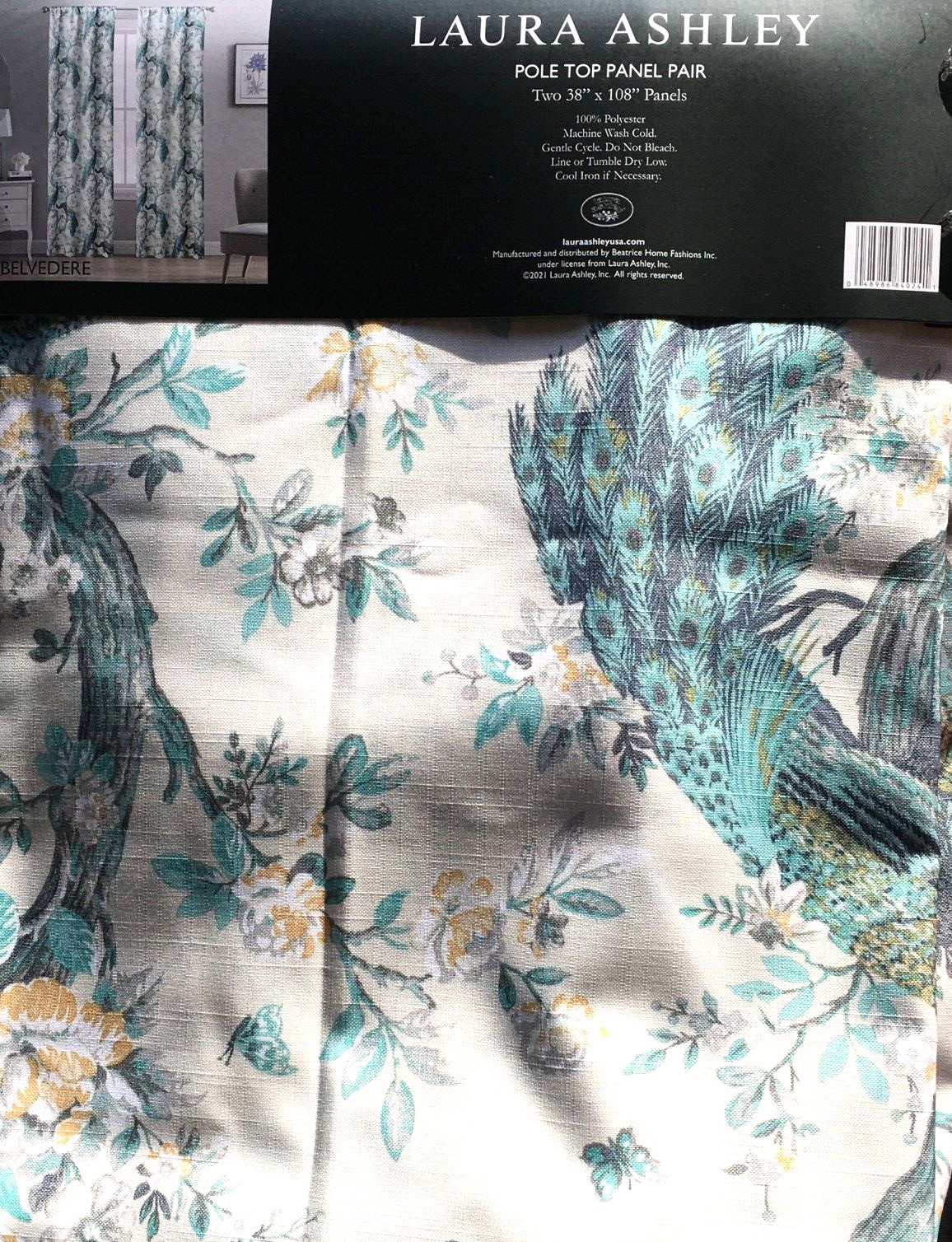 Laura Ashley Belvedere Peacock 2 Window Curtain Panel Set Blue Turquoise 38×108