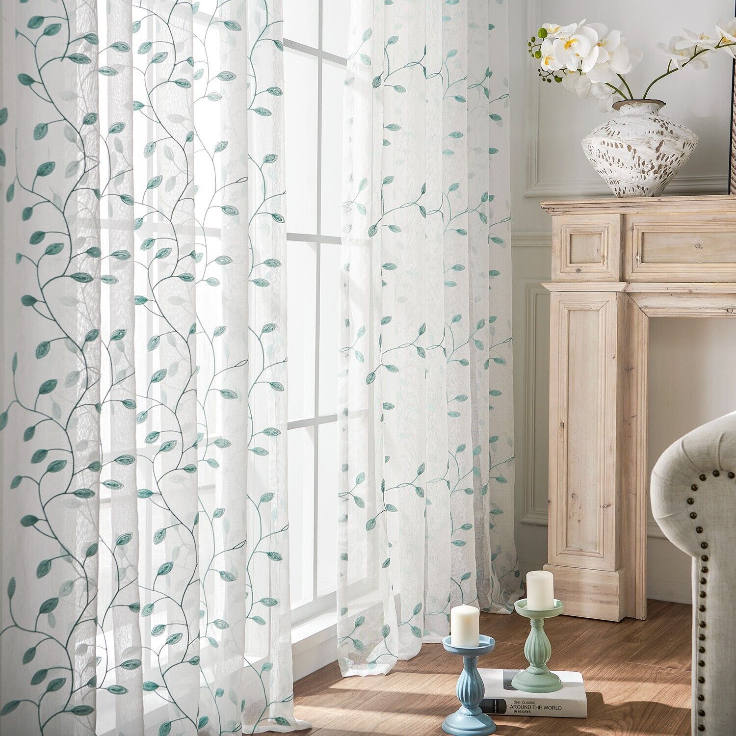 2 Panels Embroidered Leaves Semi Sheer Voile Window Curtains Drapes Living Room