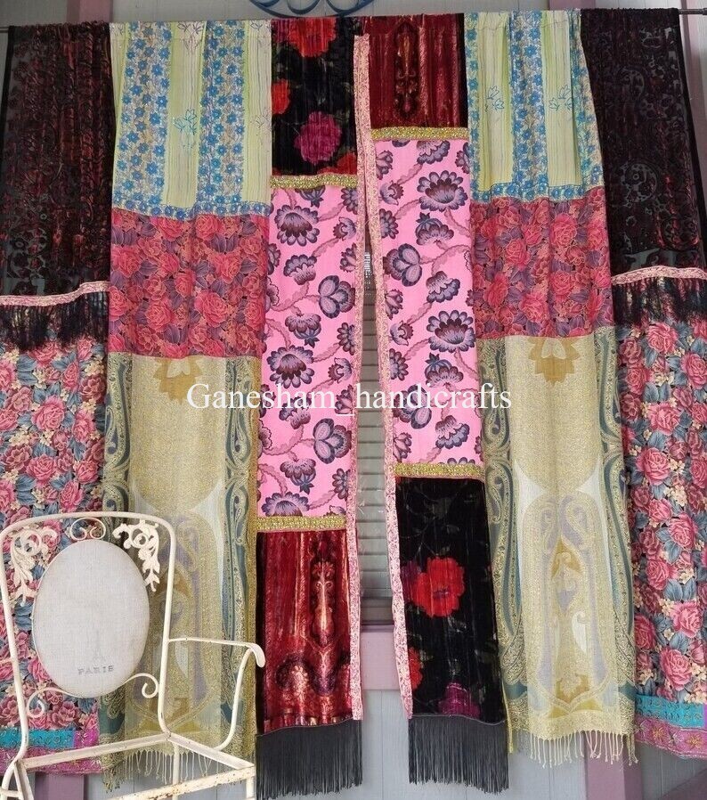 Indian Old Recycle Silk Saree Boho Multi Curtain Door Drape Decor Curtain 2Pc