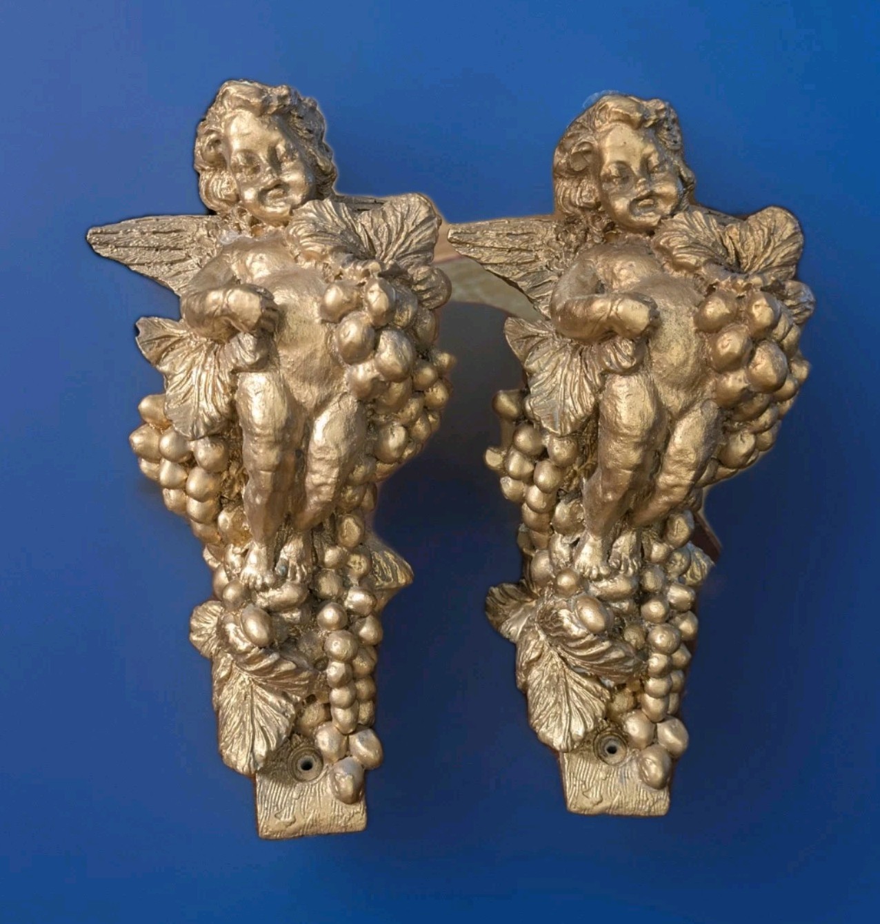 2 Angel Cherub Grapes Curtain Rod Holders Resin 8″
