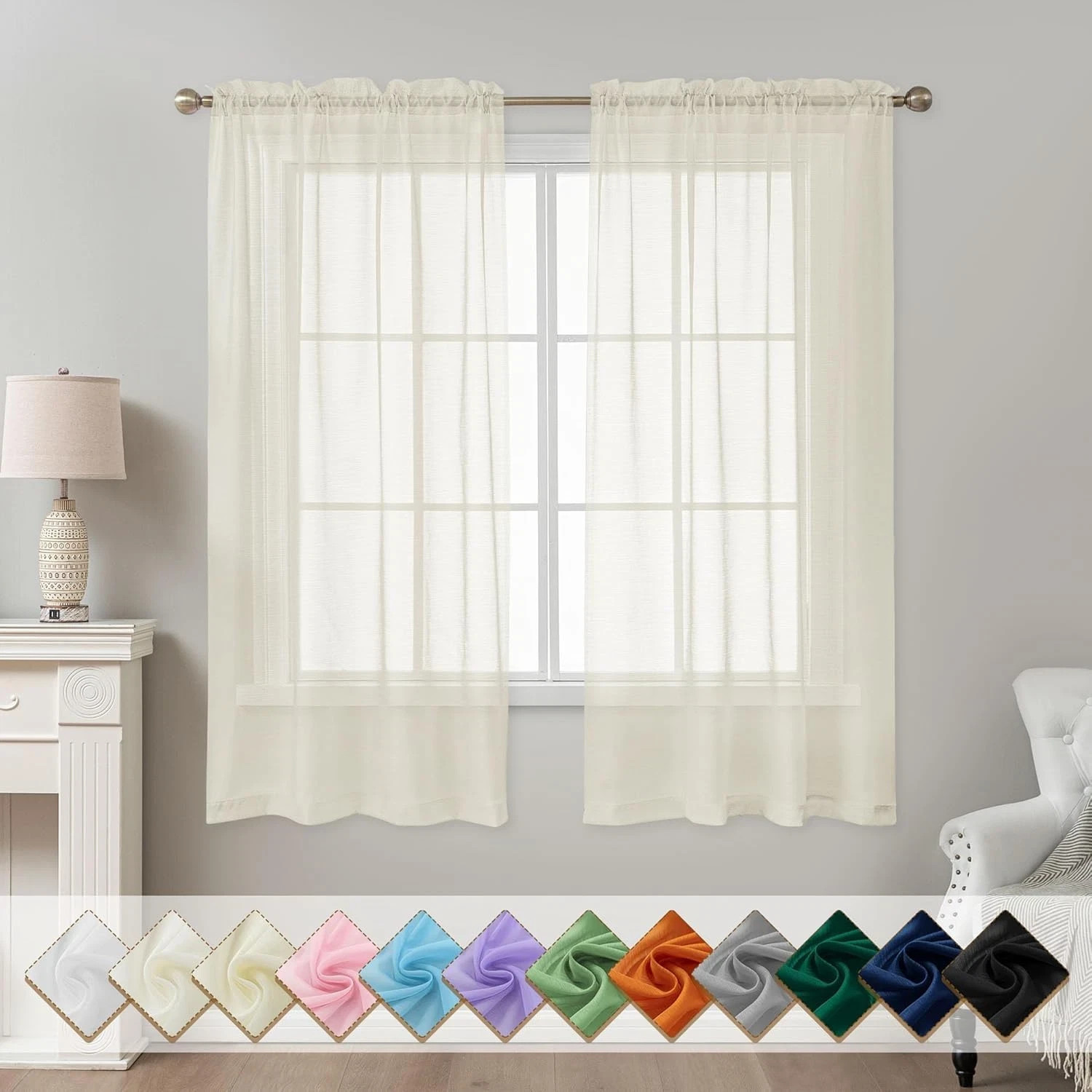 Sheer Curtains 63 Inch Length, Privacy Semi 42″W x 63″L (Pack of 2) Natural