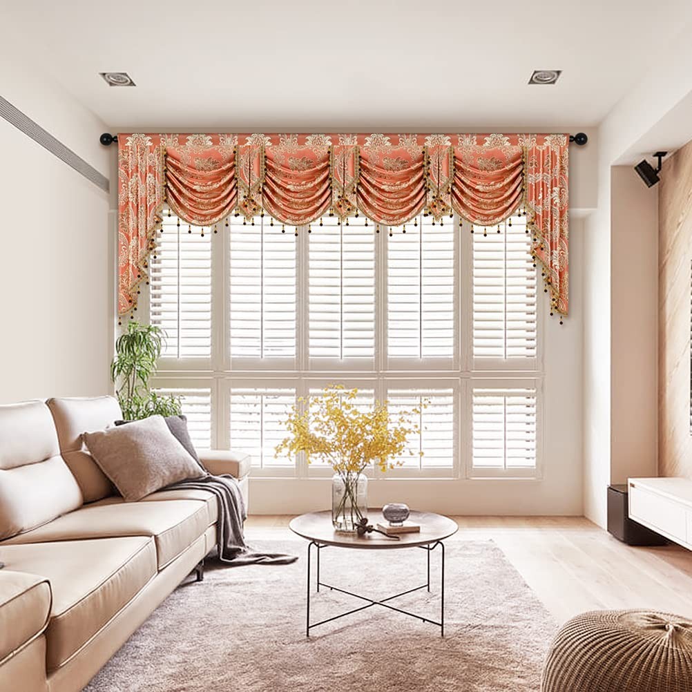 ELKCA European Style Waterfall Valance for Bedroom Damask Coffee Curtain Valance