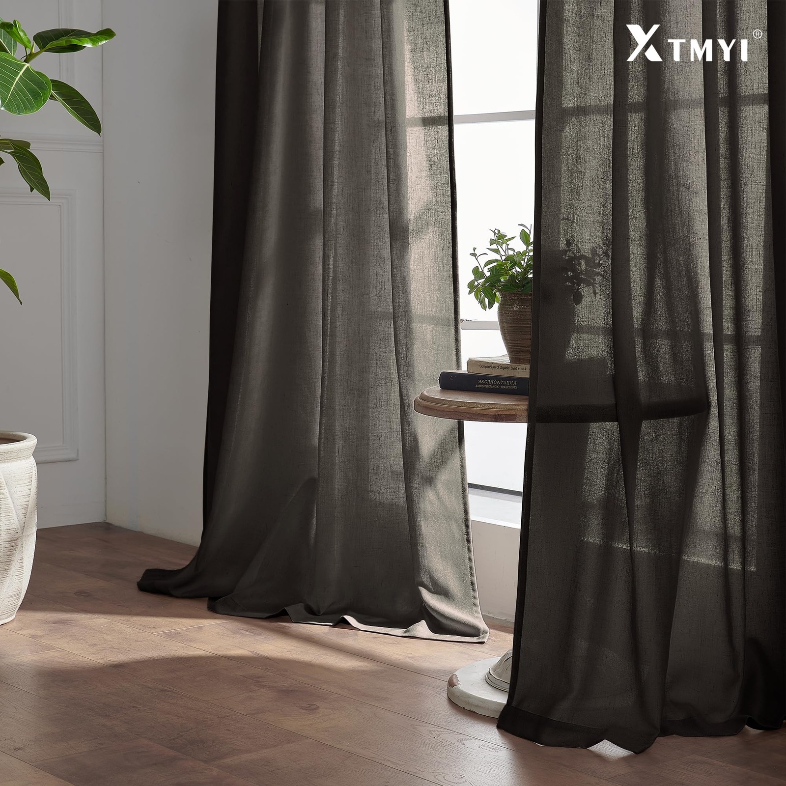 Chocolate Brown Curtains 96 Inches Long 2 Panel Set,Sheer Linen Pleated Back Tab