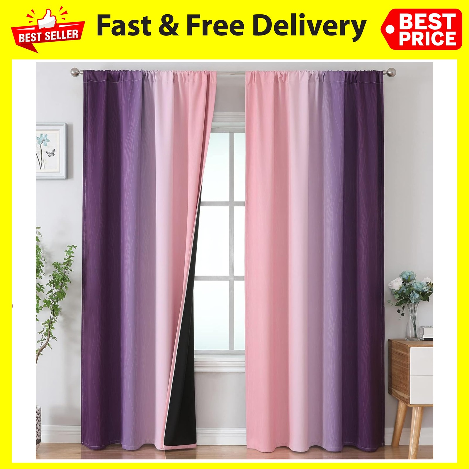 Ombre Pink and Purple Blackout Curtains 84 Inches Long, Full Room Darkening C…