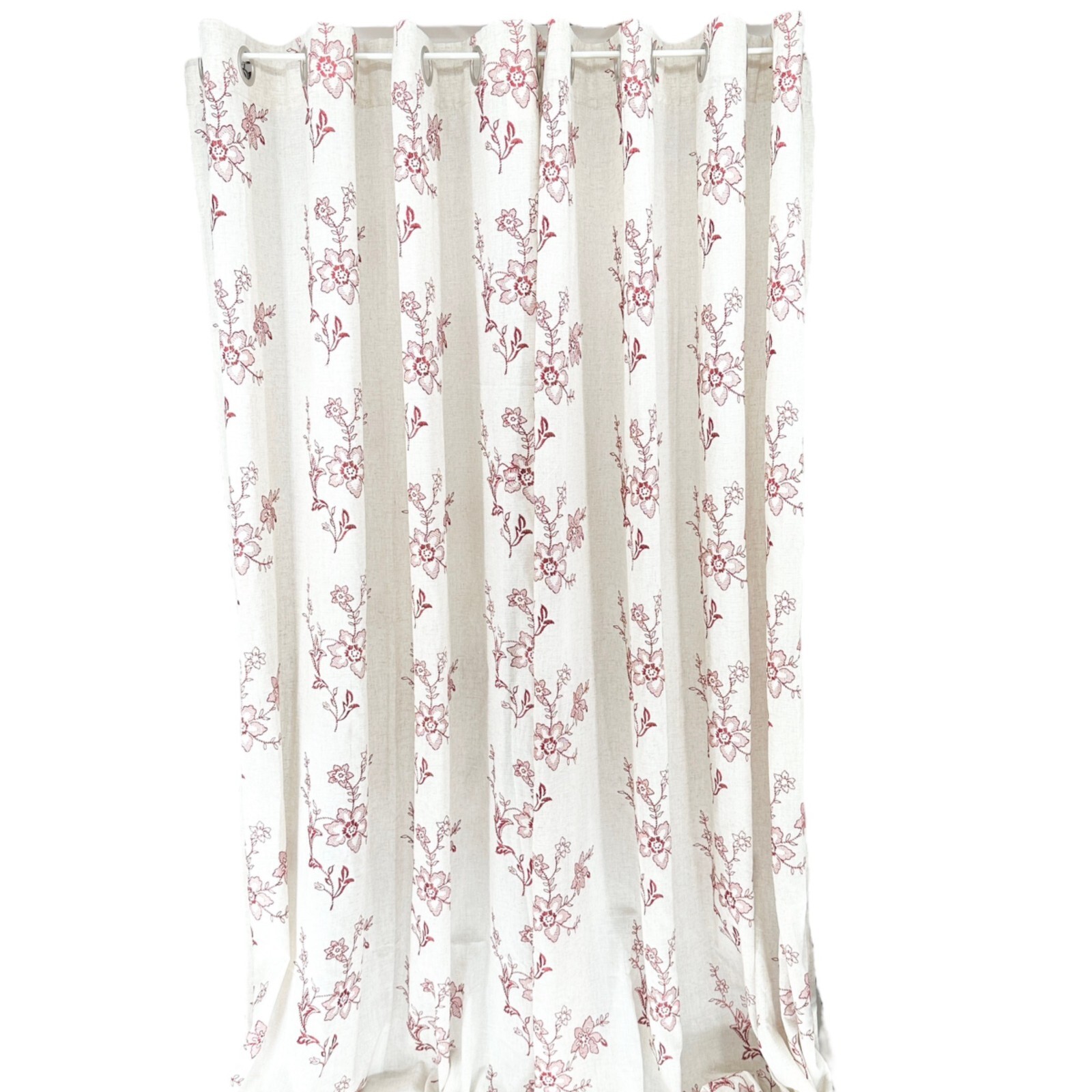Pair of Curtain Panels 86 x 53 each Linen Red Stitched Flowers Grommets