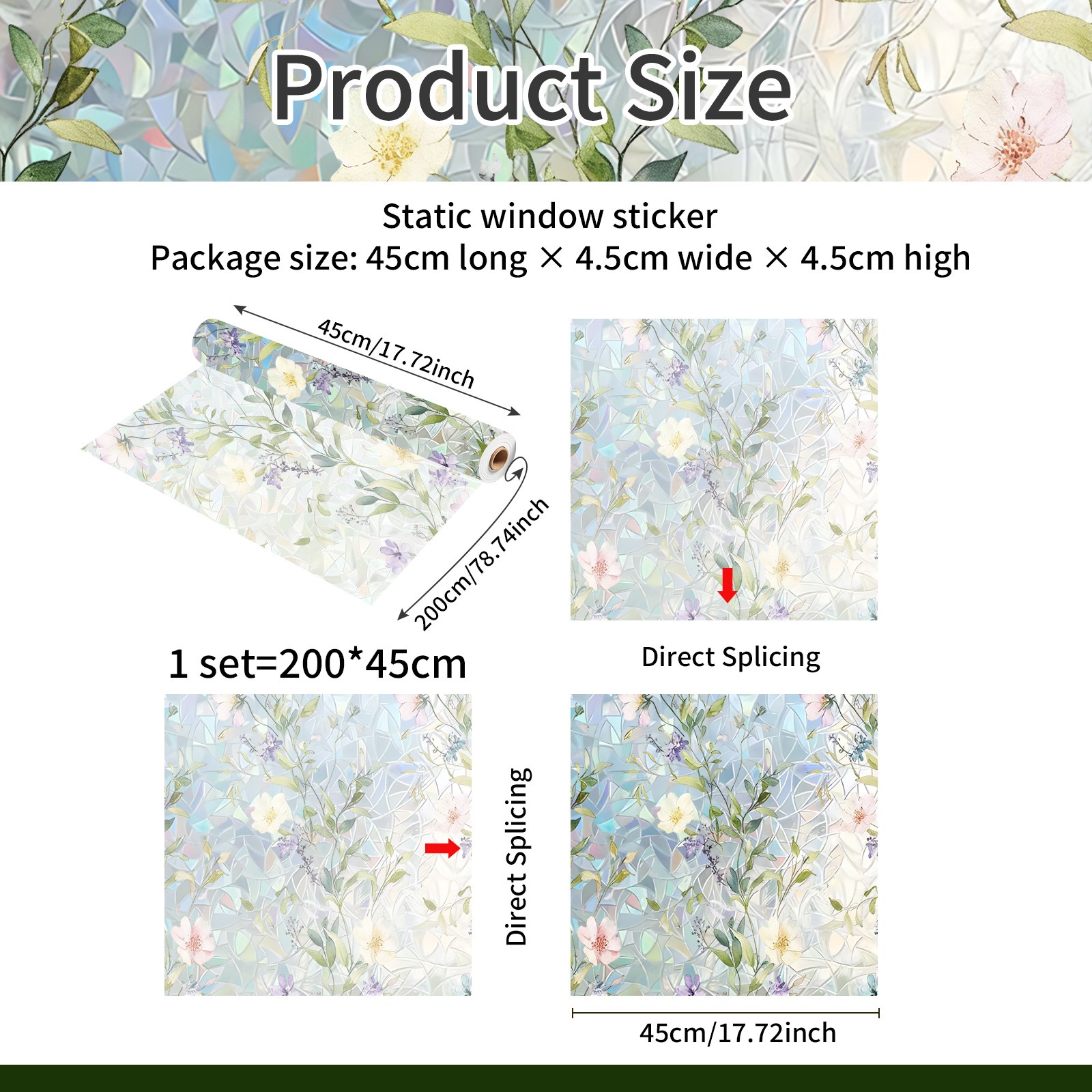 Window Privacy Film – Stained Glass Style Floral 17.5″ x 118″, Glass Film Decor