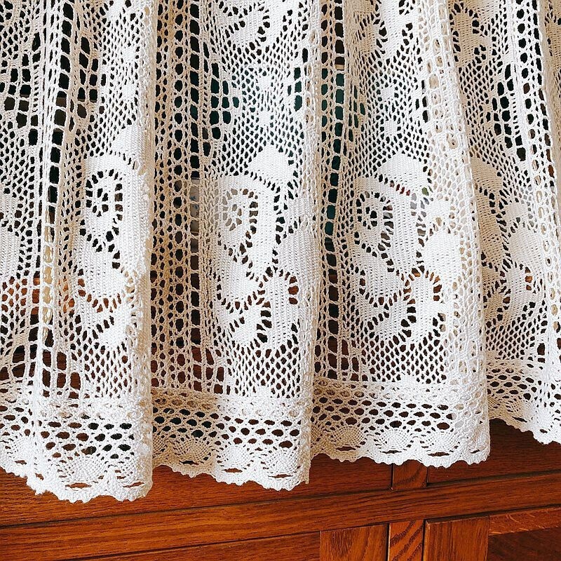 Vintage Hand Crochet Lace Rose Flower Curtain Tiers Kitchen Cafe Valance Drapes