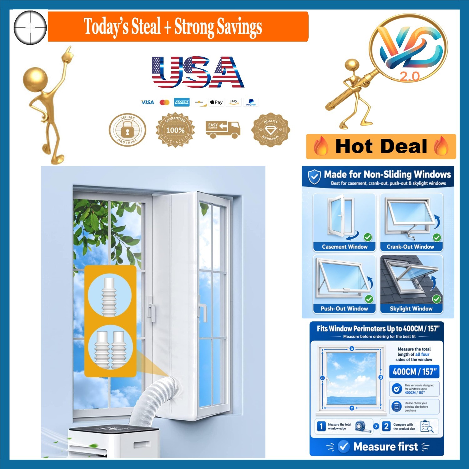 Portable AC Window Seal Kit 157″ No-Drill Fit Casement Skylight Windows