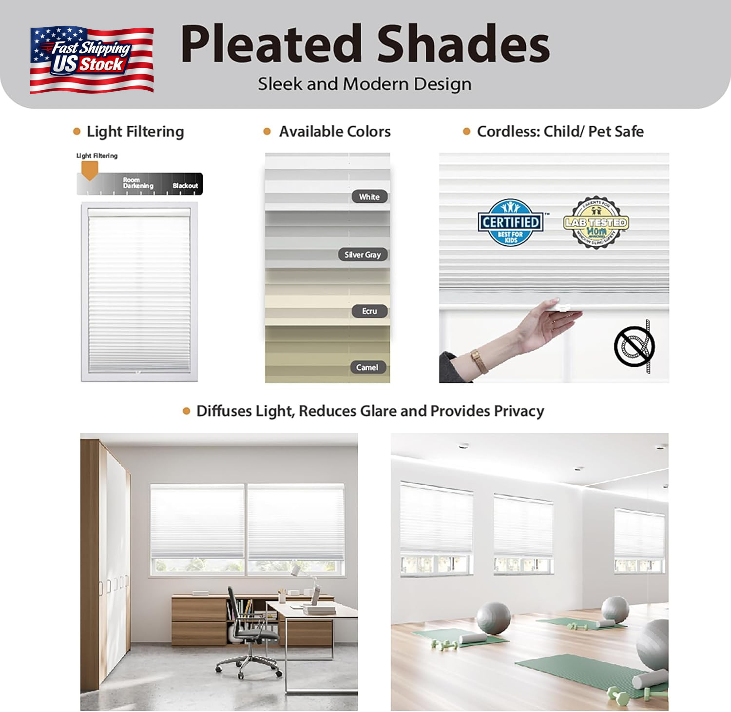 DEZ FURNISHINGS Cordless 1″ Light Filtering Pleated Shade, Fabric, 20″ W X 48″ H
