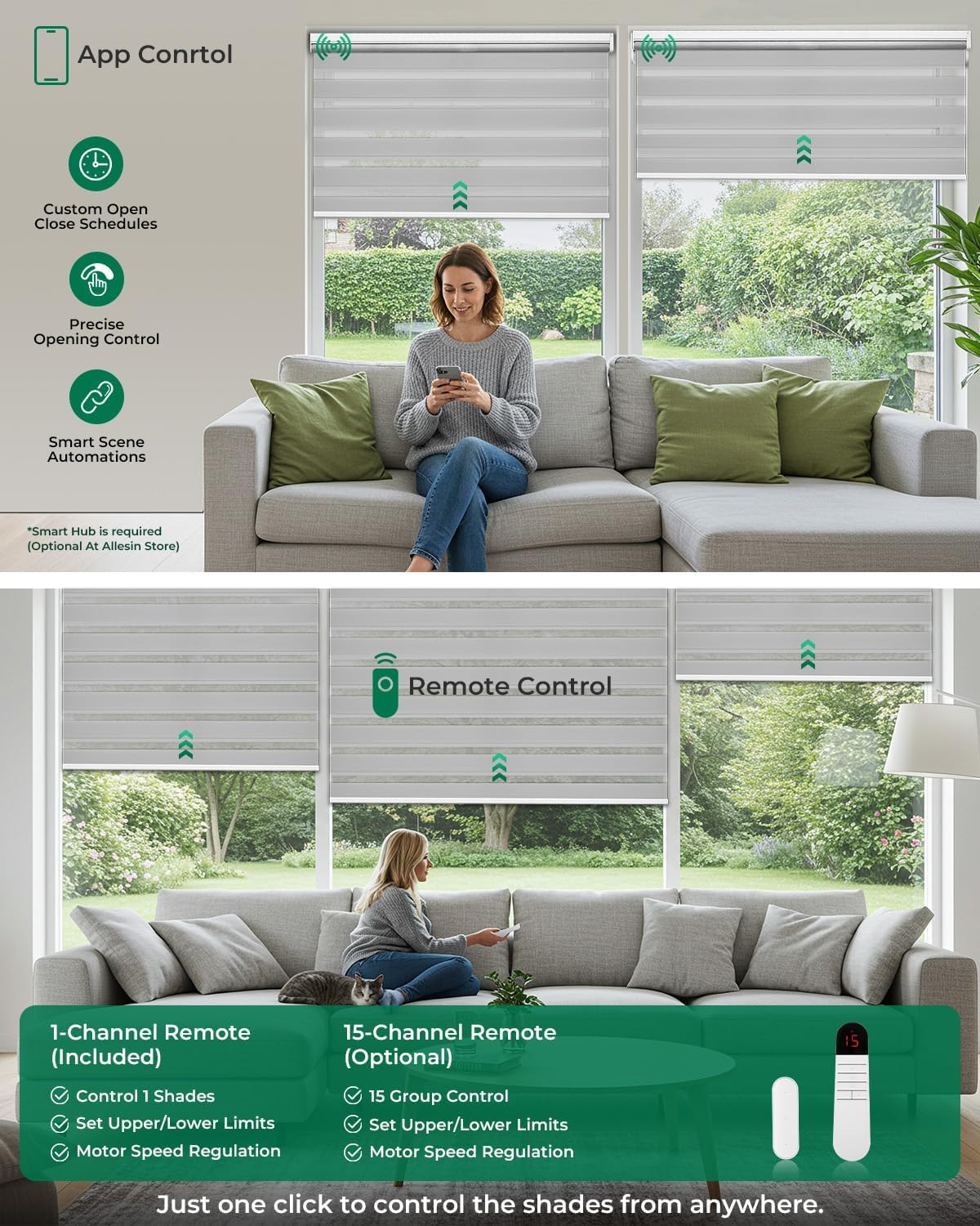 Motorized Zebra Blinds with Remote, Electric Dual-Layer Shades with Dry Battery-