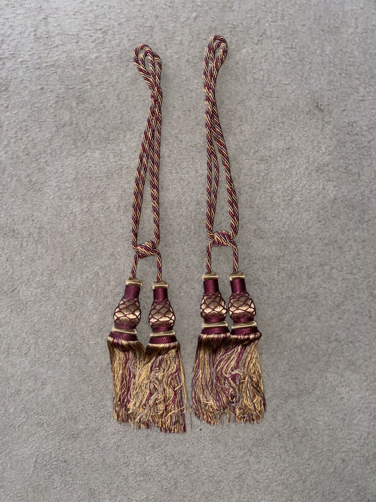 Pair Double Tassel Curtain Tiebacks Braided Rope Burgundy Wine Gold Green 31”