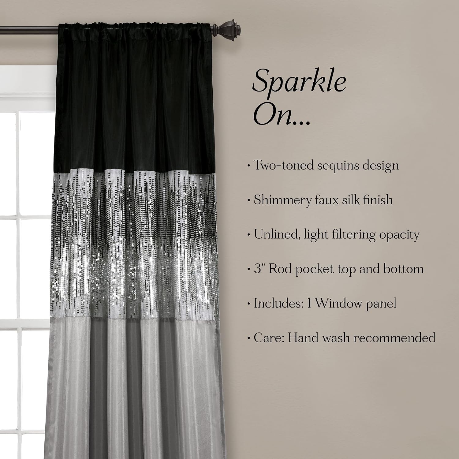 Night Sky Window Curtain Panel, Single, 42″ W x 108″ L, Black & Gray – Sequin