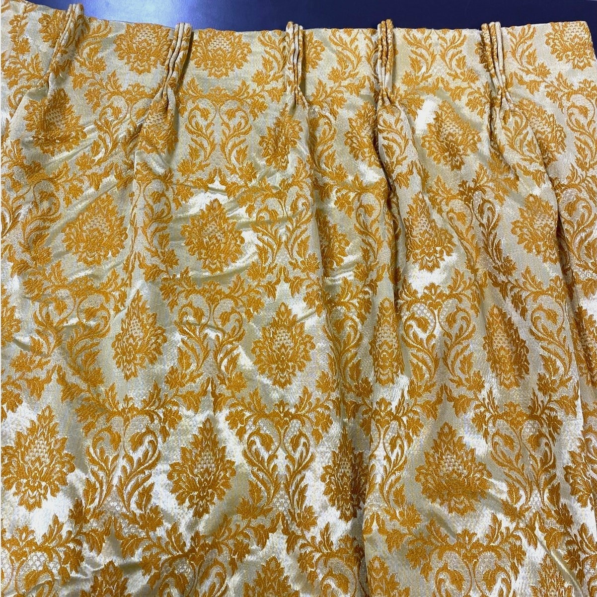 Vintage MCM Gold Damask Pinch Pleat Curtains 2 Panels 81×80 Mid Century Modern