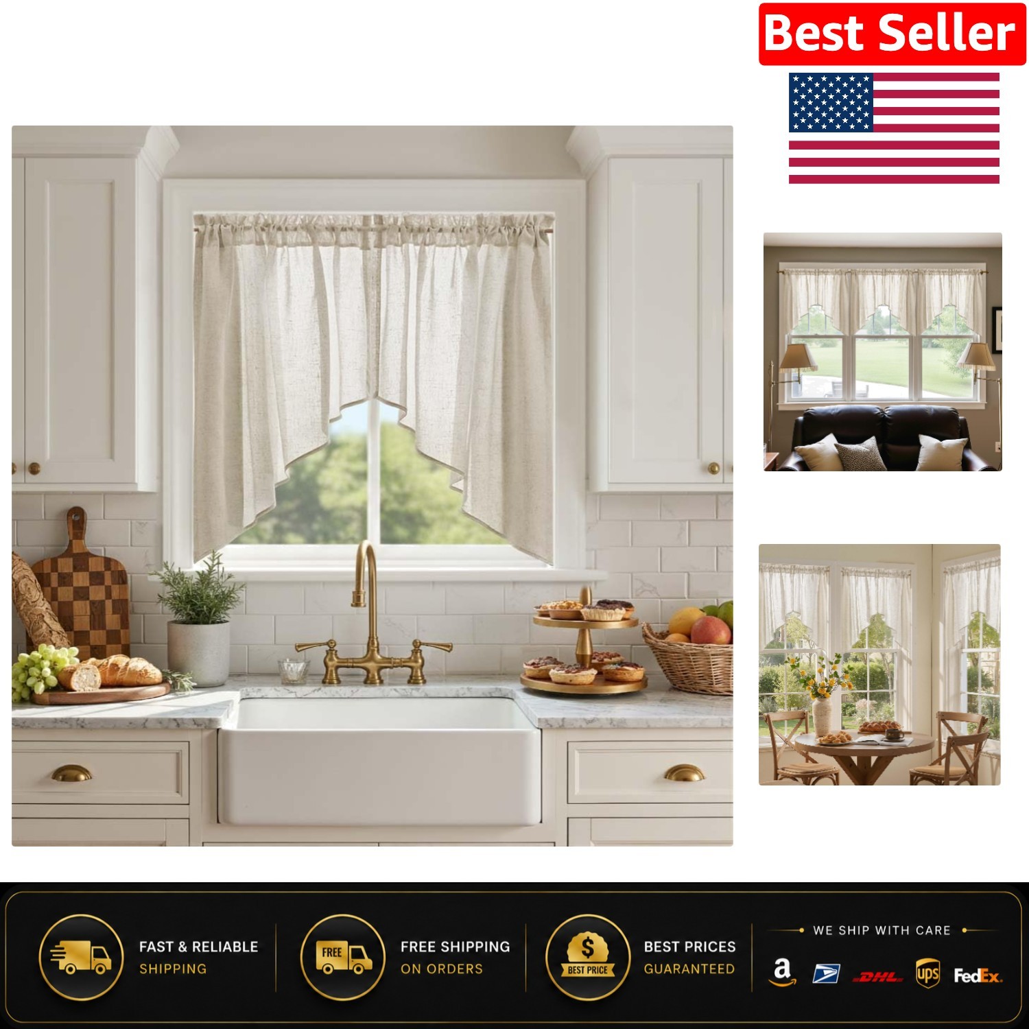 Elegant 36 Inch Light Filtering Valance | 2 Panel Country Linen Set in Beige