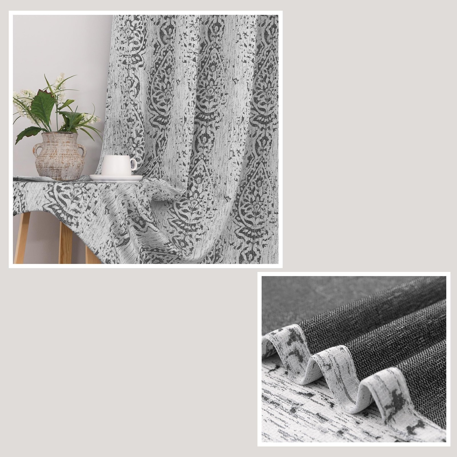 Mrs.Naturall Grey Damask Pattern Curtains 52×45″ Living Room Light Blocking