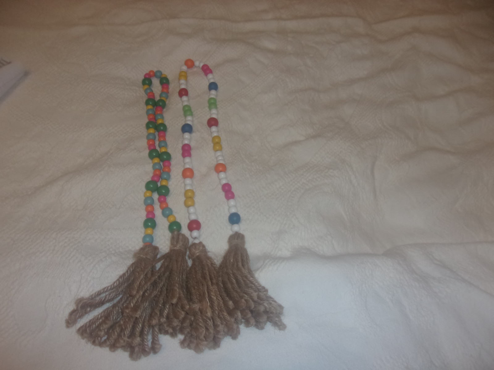 2 VINTAGE WOODEN BEADED CURTAIN TIEBACKS WITH FRINGE