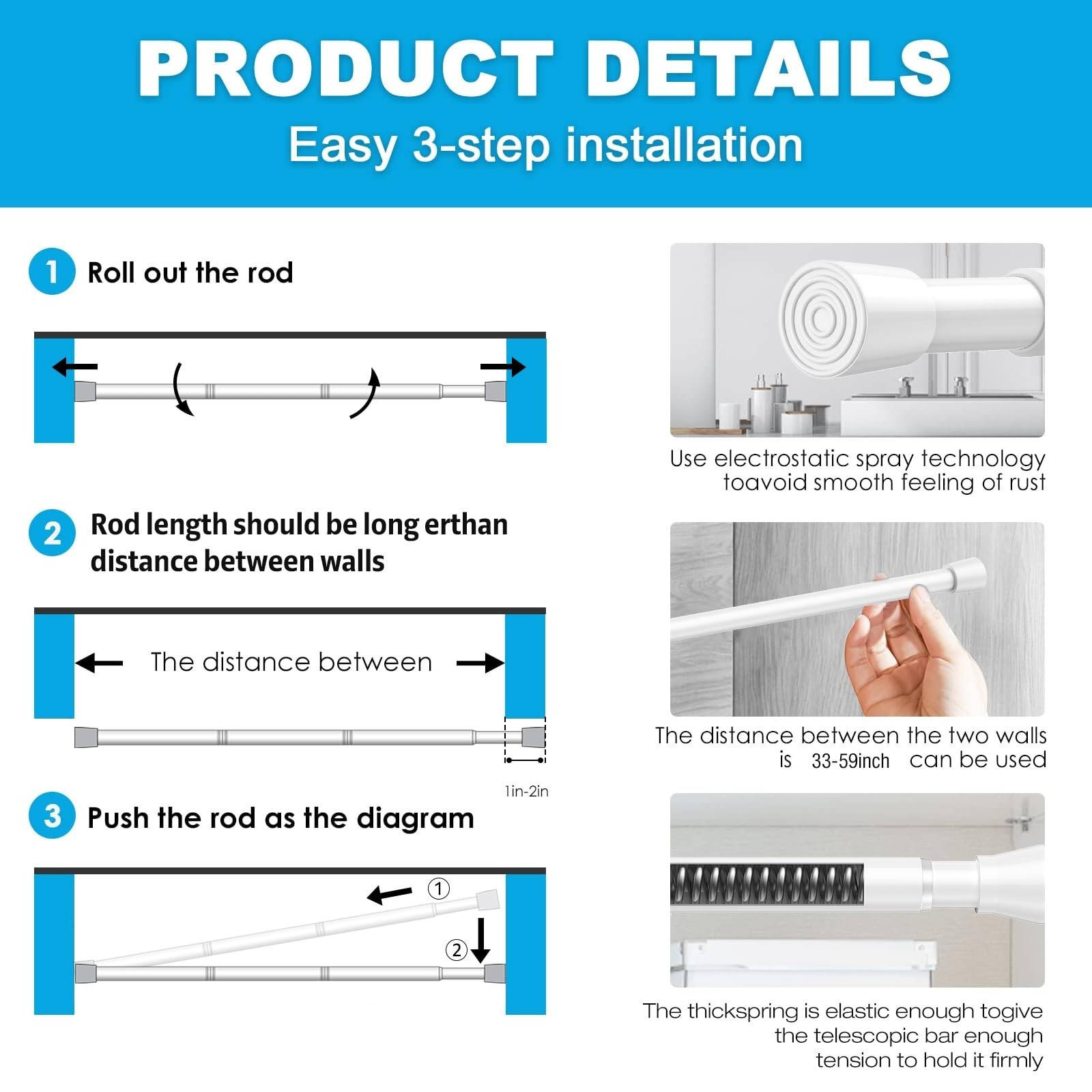 2 Pack Spring Tension Rods 33-59 Inches, 5/8 Inch Diameter White No Drill Spr…