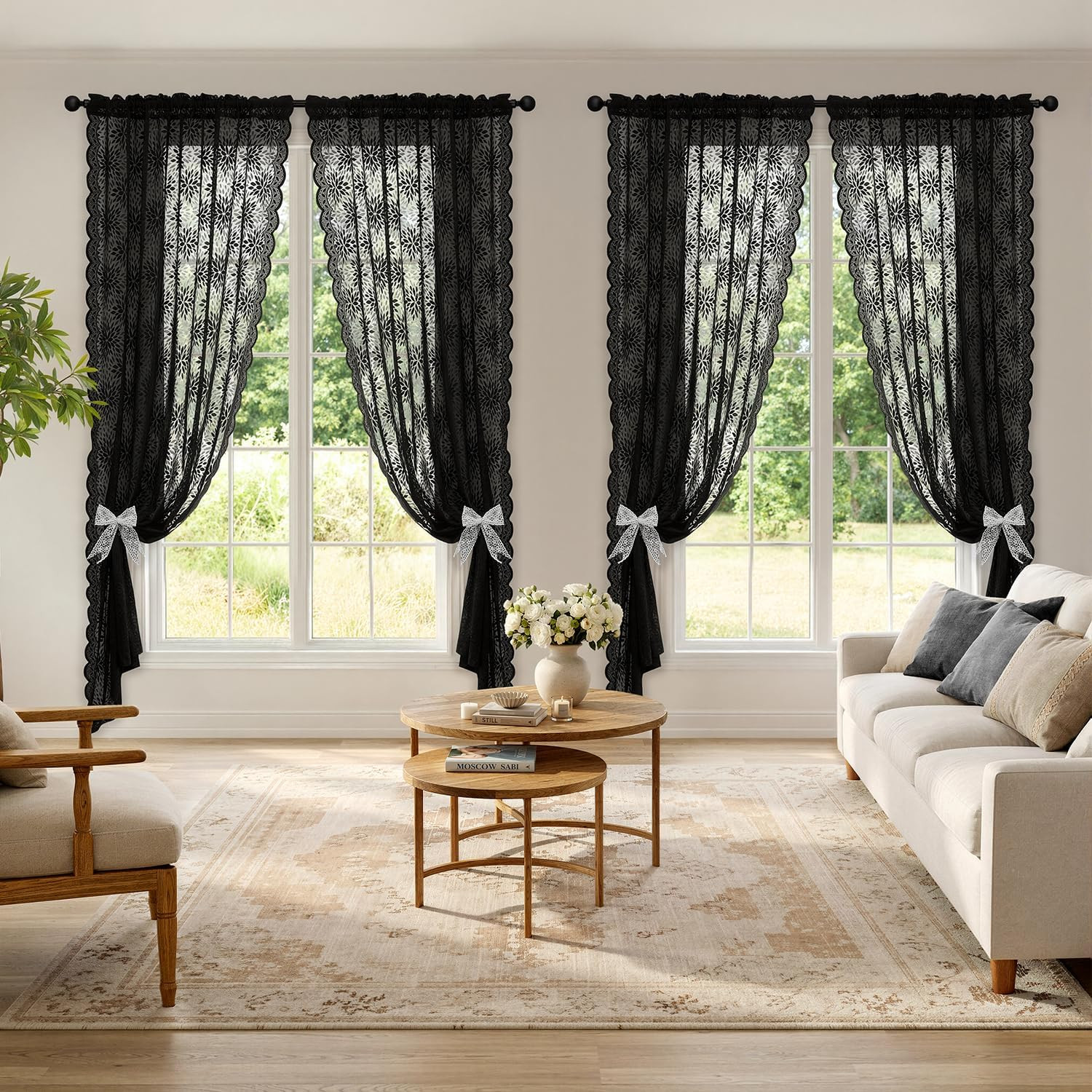 Black Lace Curtains 54 Inch Length, Victorian Floral Semi Sheer Tier
