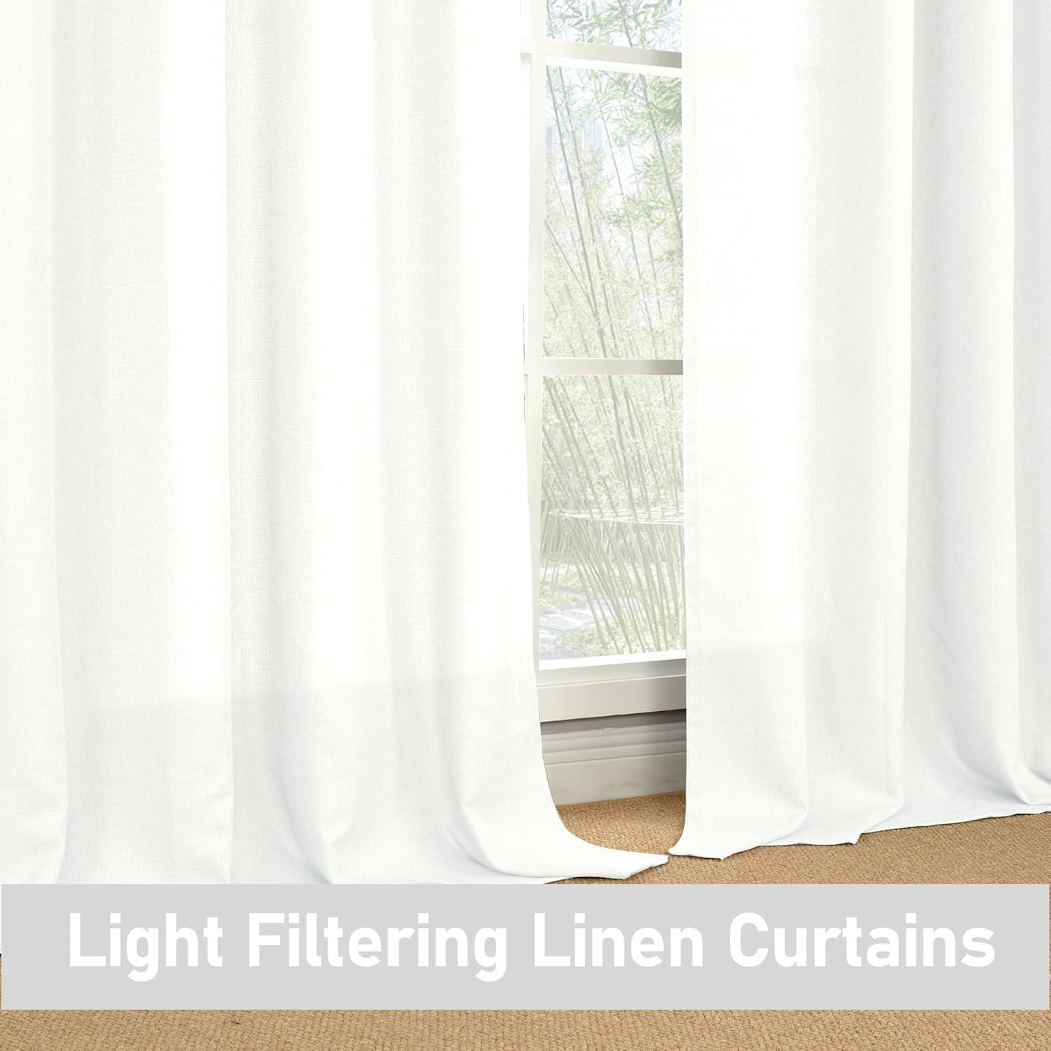 White Linen Curtains 40 Inch Length for Kitchen Windows over Sink, Linen Texture