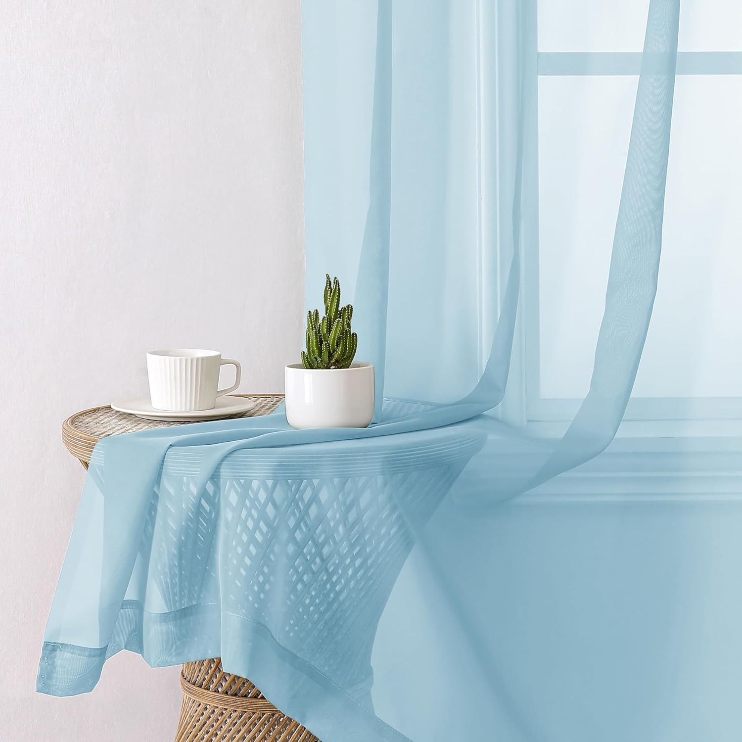 2 Pack: Basic Sky Blue Sheer Curtain Drapes 84 Inch Length 2 Panels for Living R