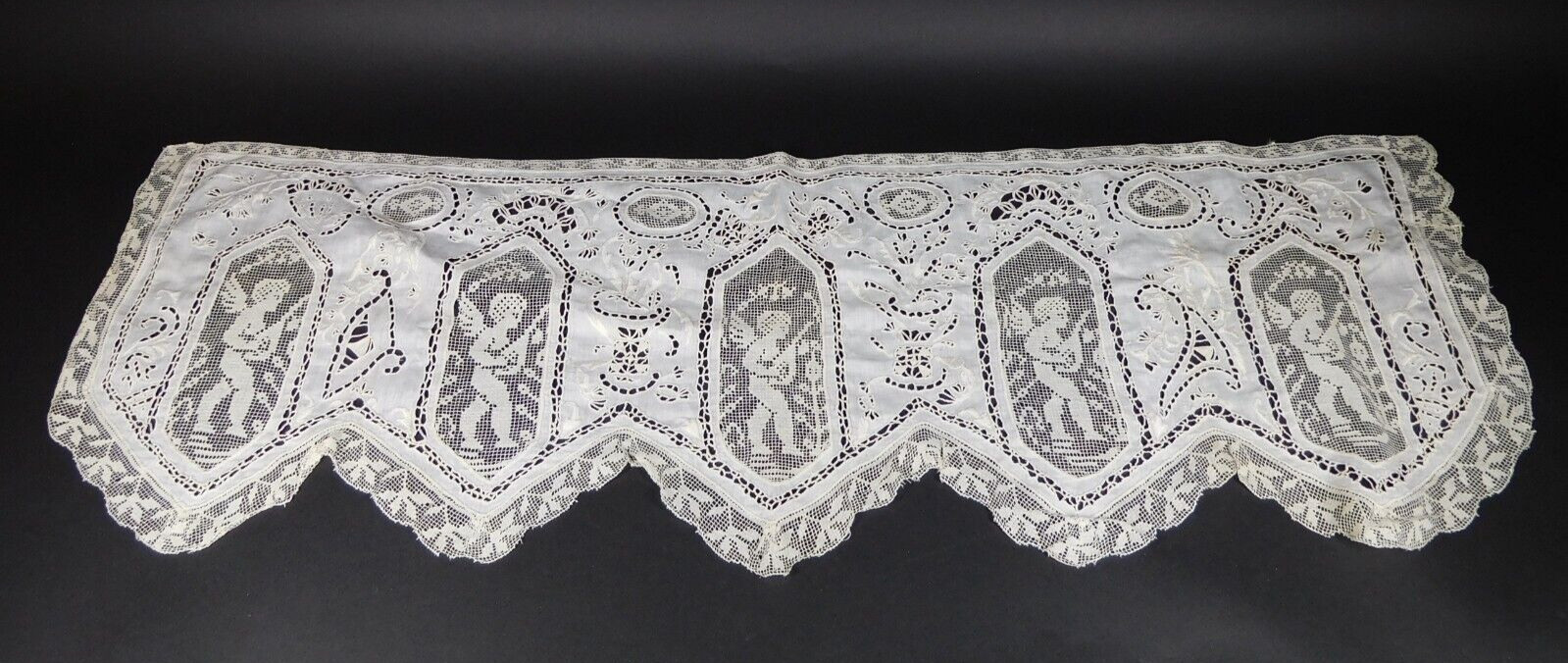 Vintage Lace Cut Work & Tatting Cherub Valance 41″ W + 5 Smaller Cherub Valances