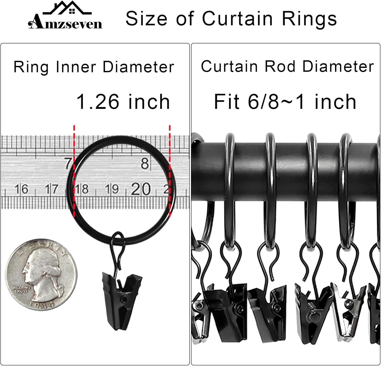 Set of 100 Rustproof Black Curtain Rings with Clips – Smooth Gliding Design