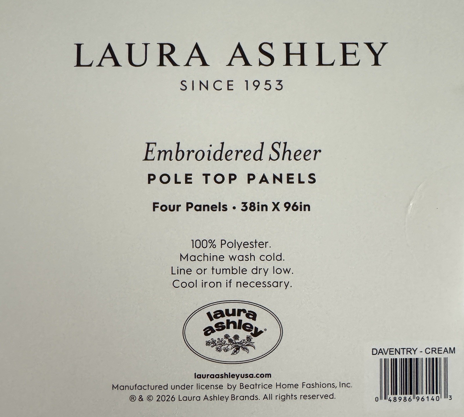 Laura Ashley Window Curtains 4 Panels 38 x 96″ Cream Embroidered Sheer Daventry