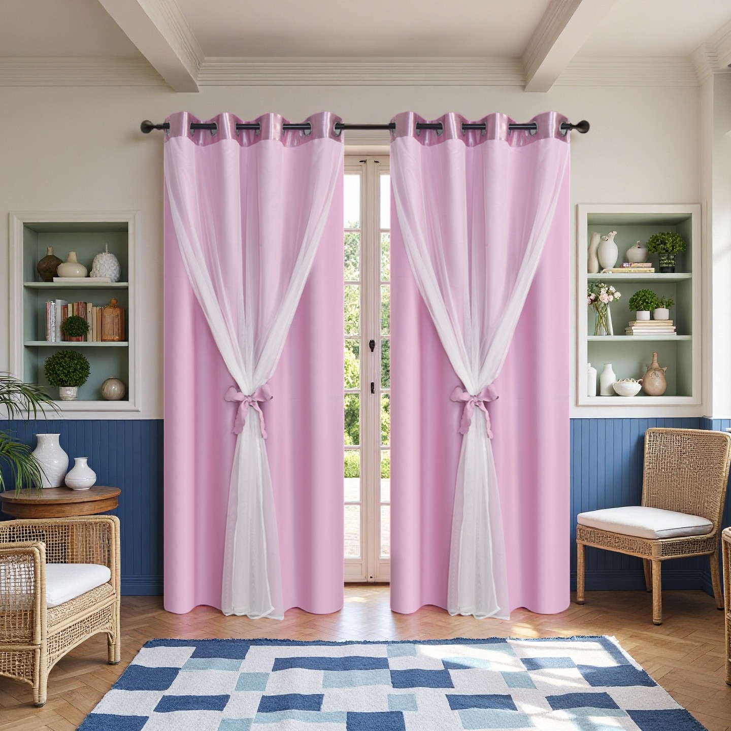 2 Panels Double Layered Curtains with White Sheer Tulle, Grommet Drapes
