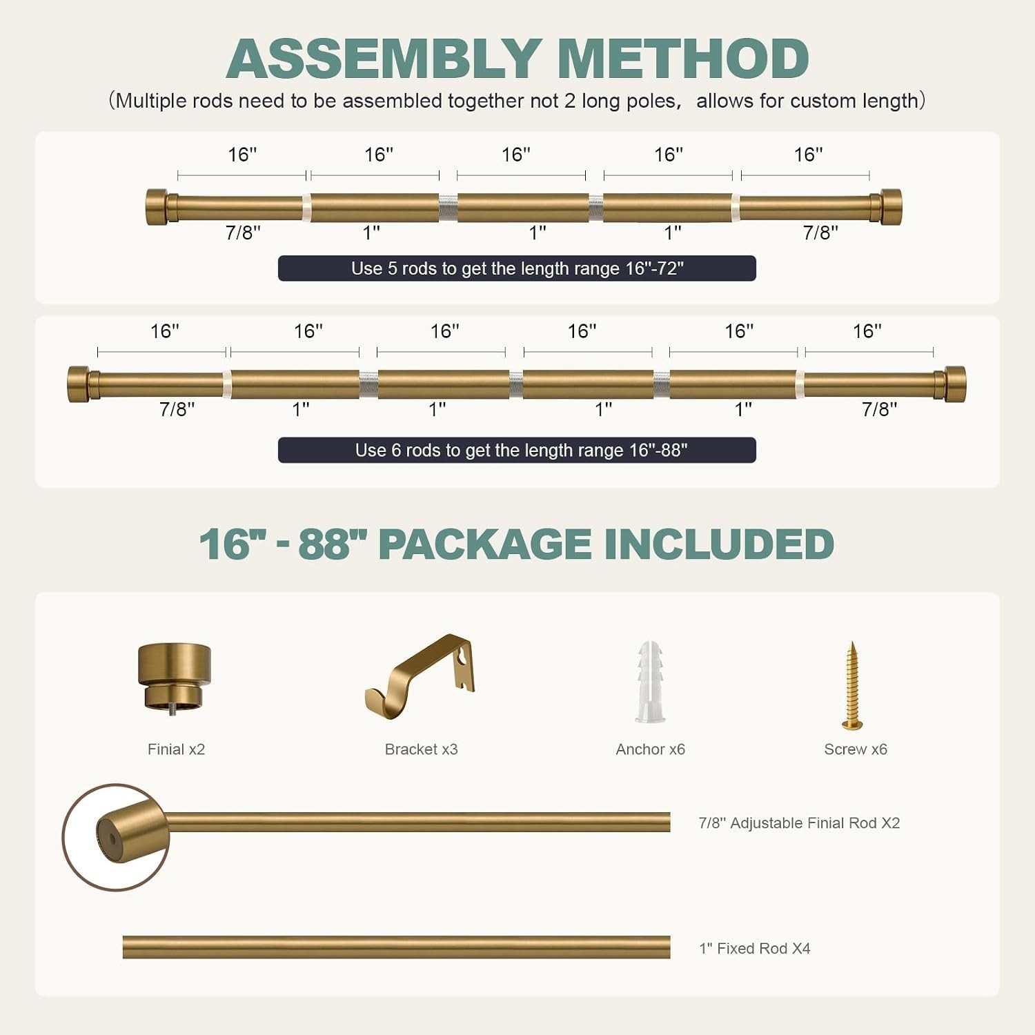 Sturdy 1″ Brass Curtain Rods 48-84 Inches with Solid Finials for Home Décor