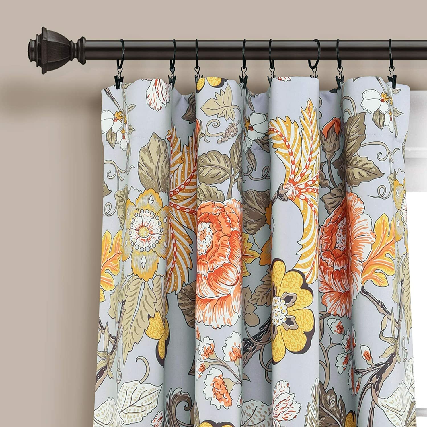 Set 2 Gray Yellow Green Floral Curtains Panels Drapes 84 95 108 inch L Darkening