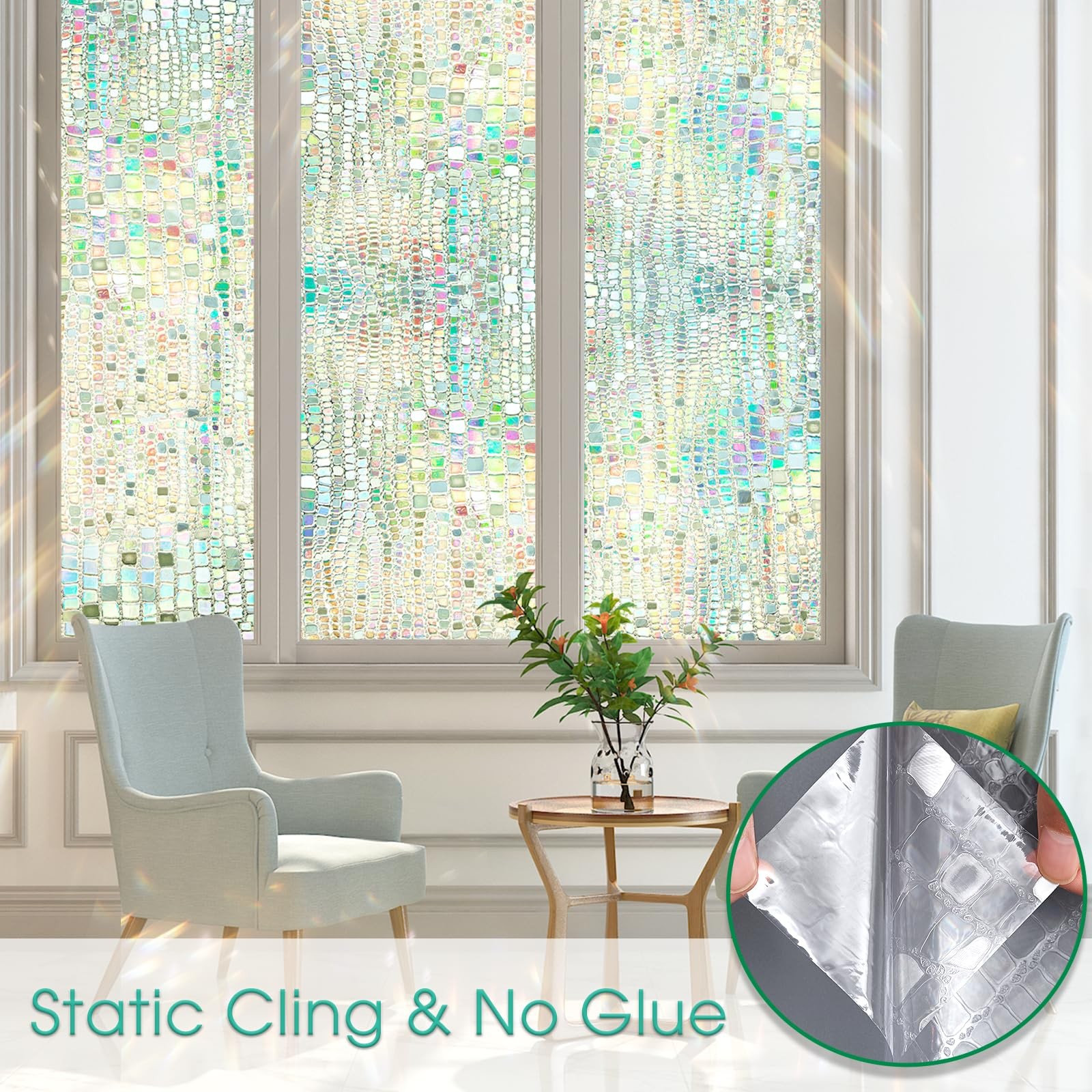 Beautysaid Window Privacy Film Stained Glass 3D 17.5 x 78.7 inch, Pure