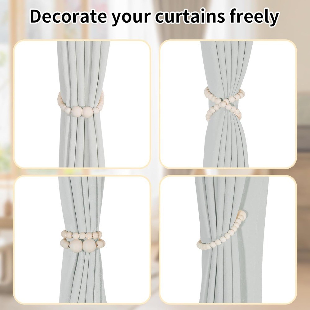 Magnetic Curtain Tiebacks, 2 Pack Curtain Holdbacks for Draperies, Wood Bead