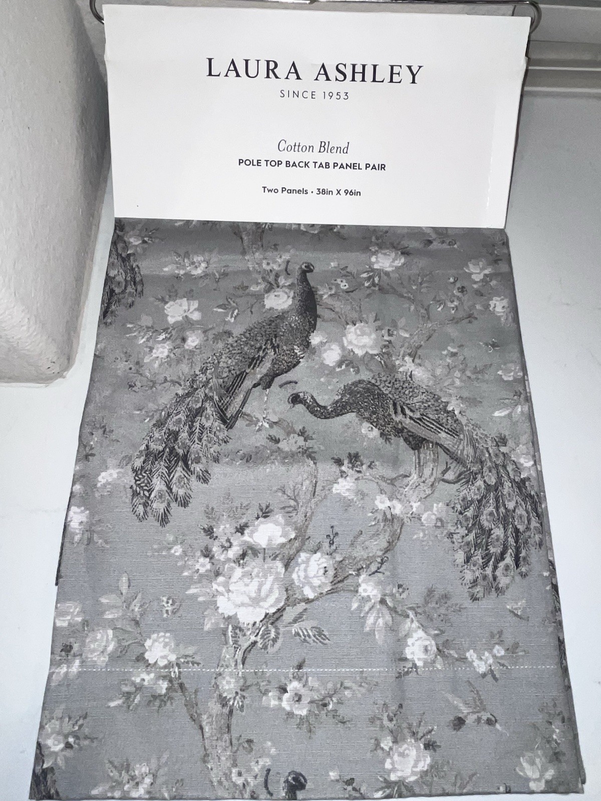 NWT LAURA ASHLEY GRAY PEACOCK AND FLORAL DESIGN CURTAINS/DRAPES SIZE 38”x 96”