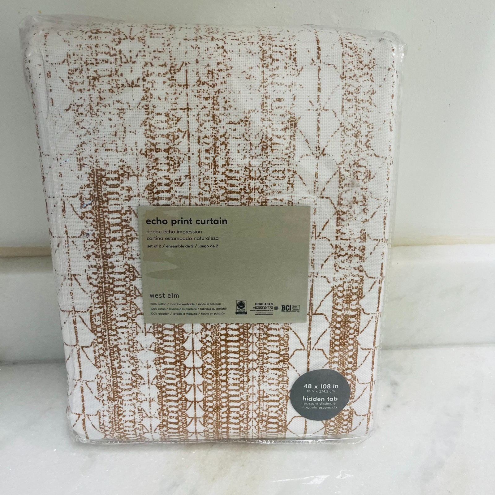 Brand New West Elm Set of 2 100% Cotton Echo Print 48x108in. Hidden Tab Curtains