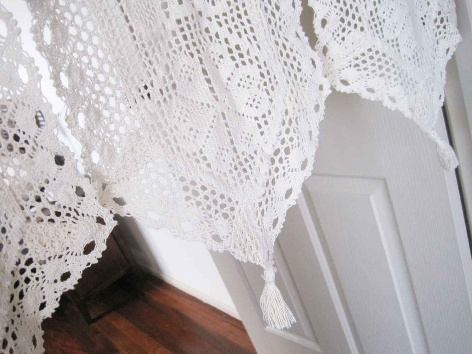 Again@Vintage Style 3 Panel Design Crochet Lace Braid Beige Cotton Door Curtain