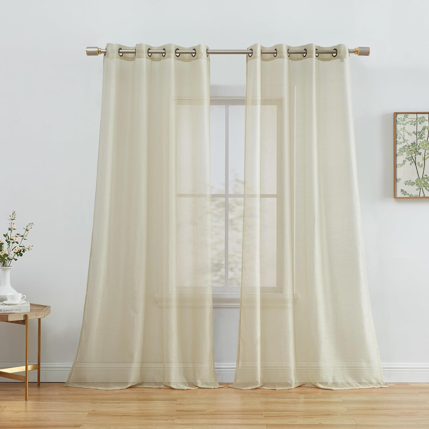 HLC.ME SEMI SHEER WINDOW CURTAIN DRAPE GROMMET PANEL PAIR, BEIGE 54″W X 84″L