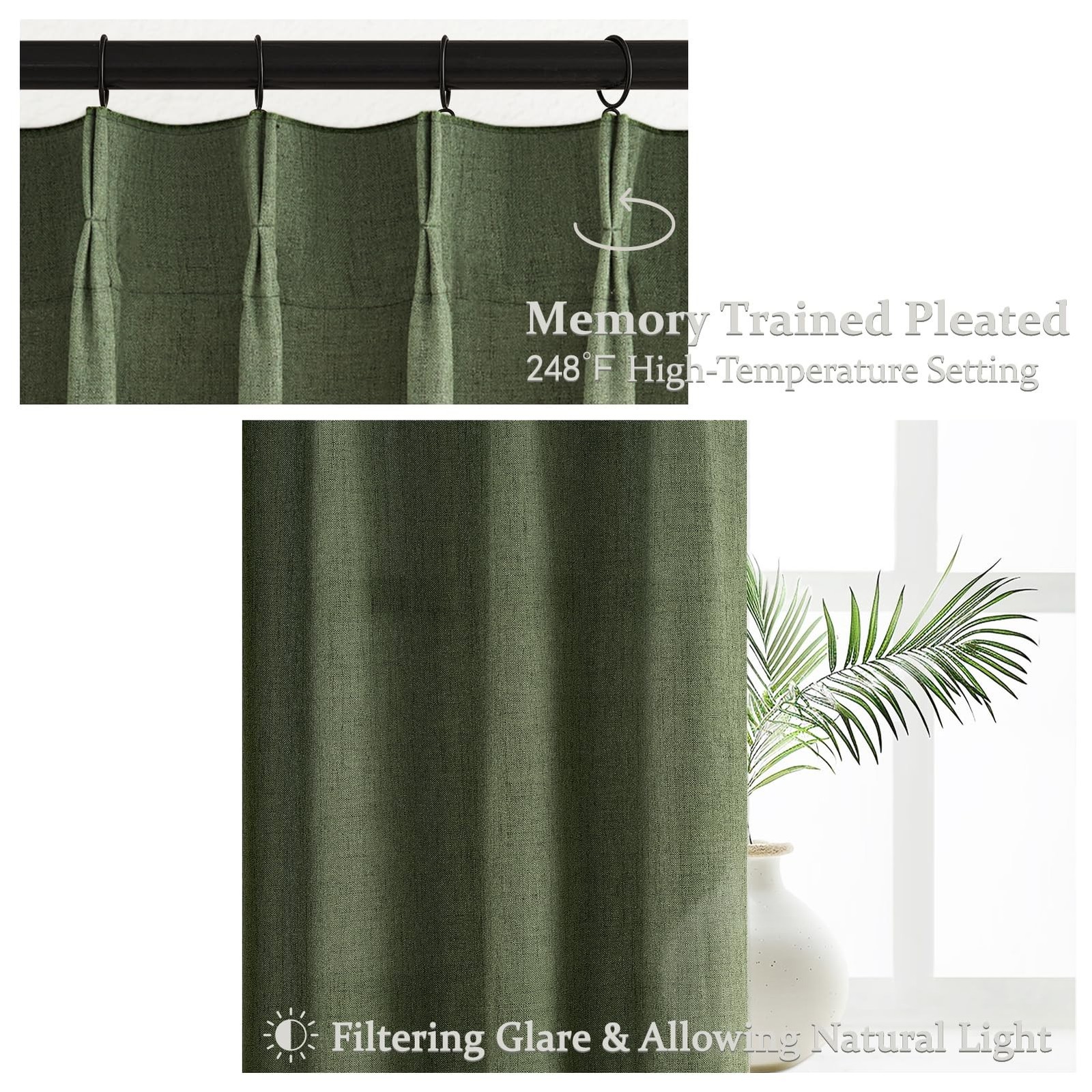 PleatedDrapes Dark Olive Green Pleat Memory Shape Linen Curtains 84 Inch Leng…