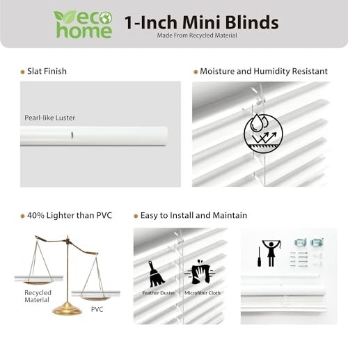Cordless 1″ Mini Blinds, Flexible Slats, 46″W x 72″H, Pearl White Window Coverin