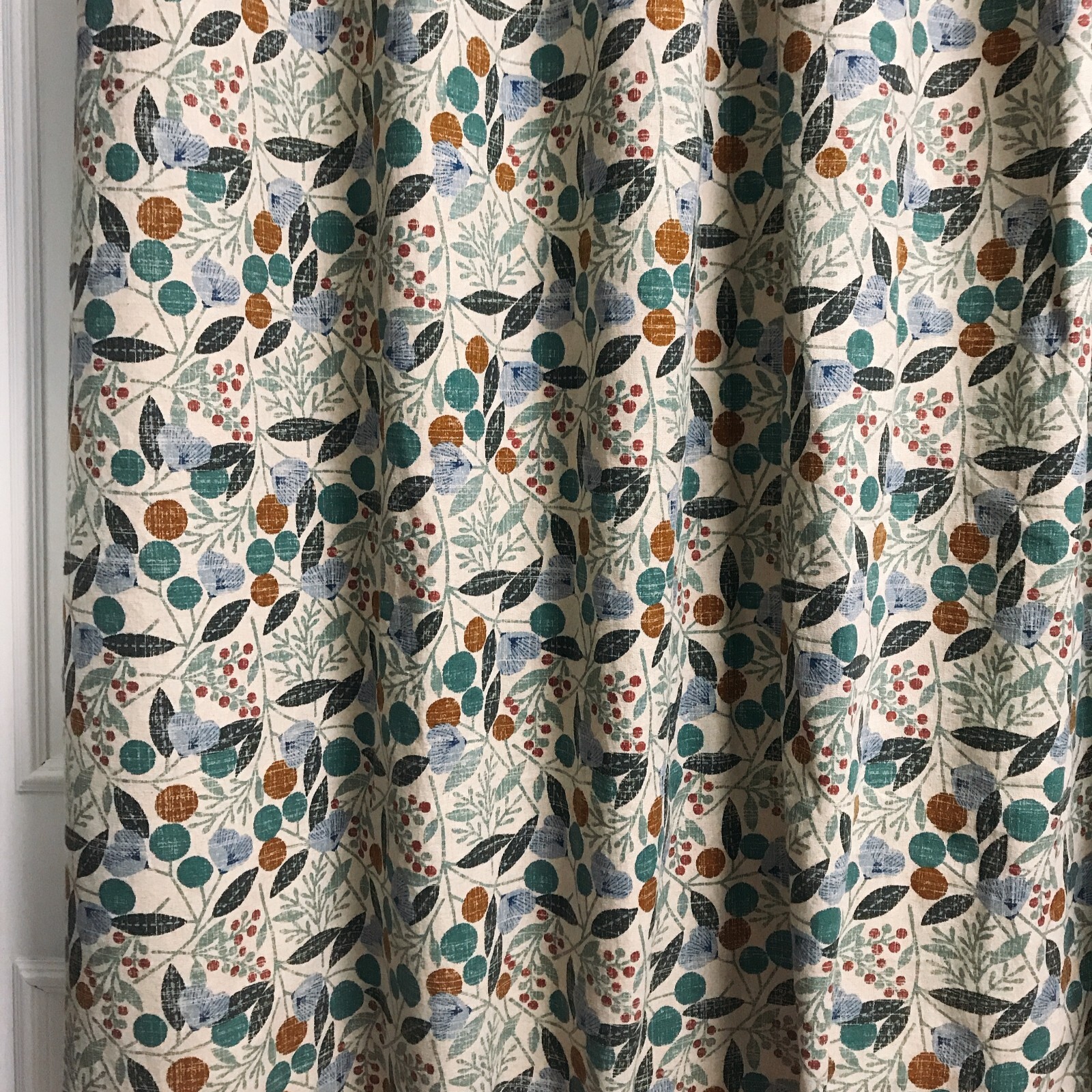 Modern Vintage Handmade Teal Cherry Blossom Pattern Natural Beige Curtain Panels