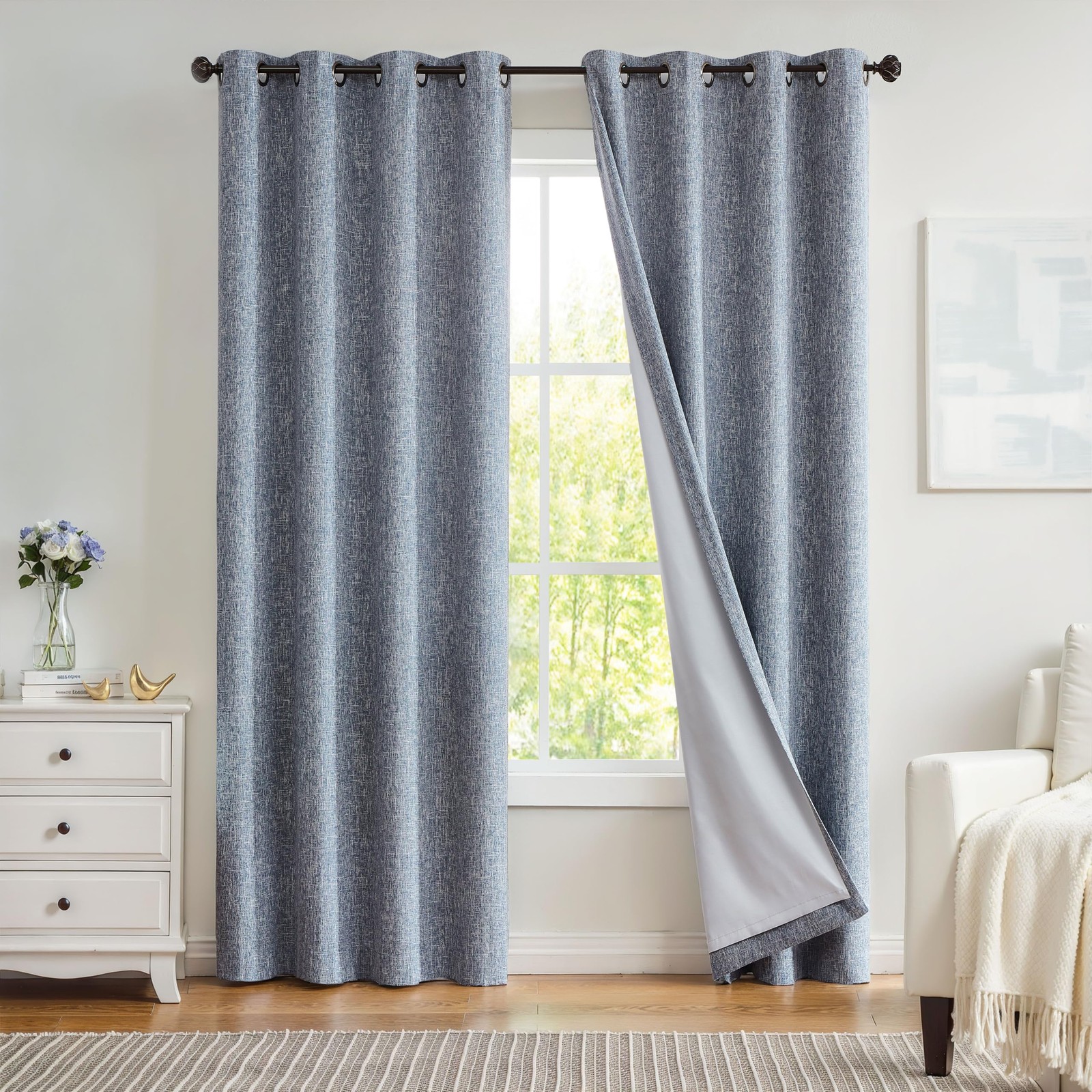 Central Park Navy Solid Full Blackout Curtain Heavy Linen Texture Window