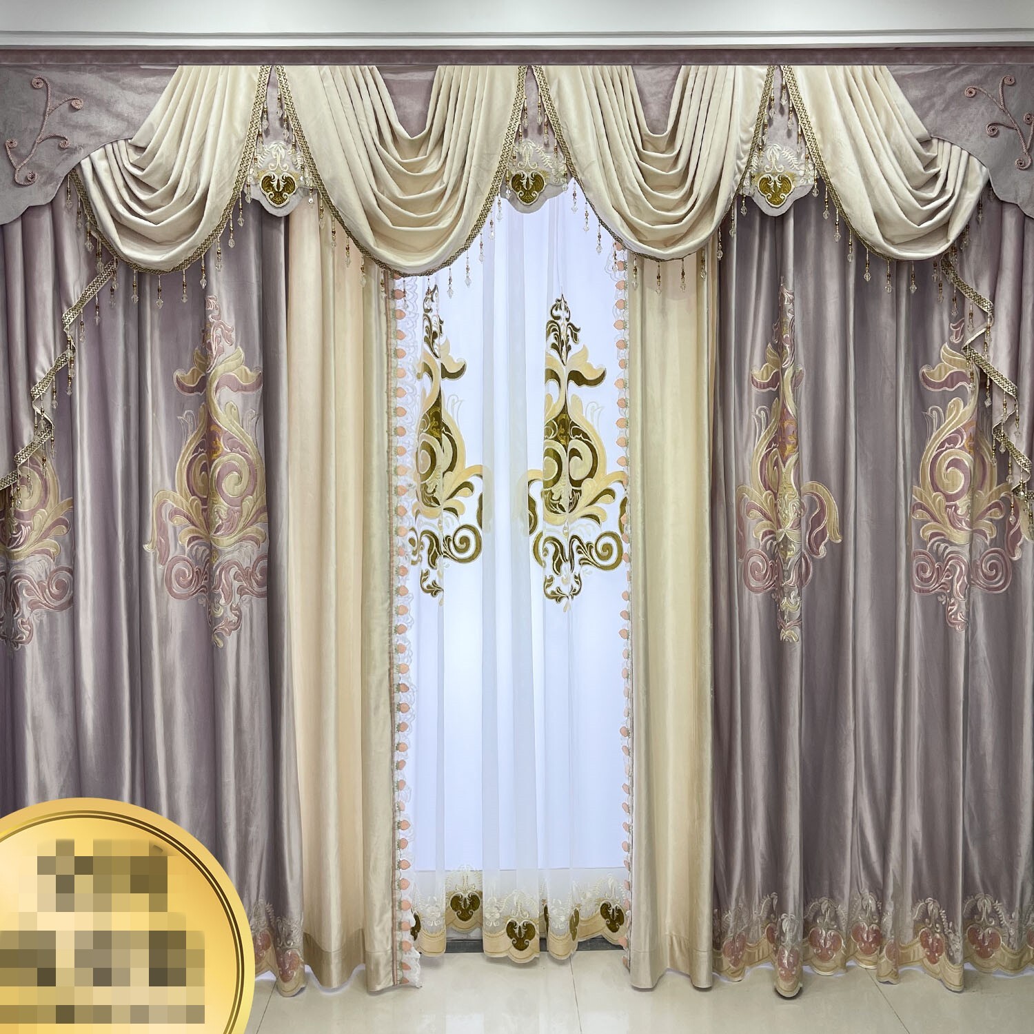 Custom Gorgeous velvet embroidery purple cloth curtain tulle valance drape C2111