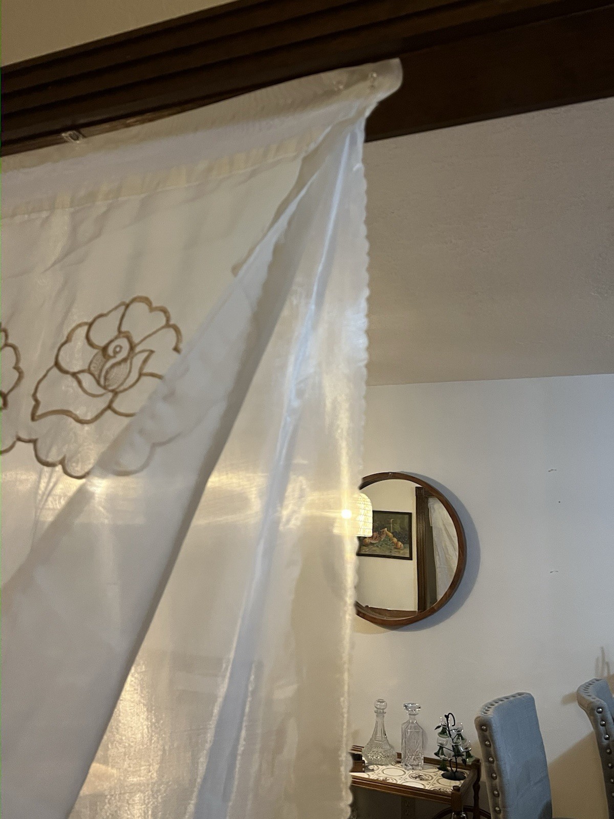 Vintage Sheer Curtain Panel with Embroidered flowers. 82 in x 59 in