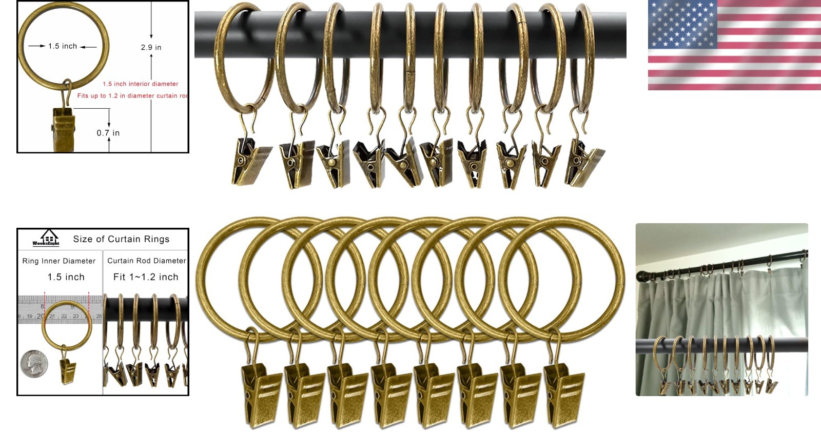 Durable 100 Pack Bronze Drapery Clip Rings – Supports Heavy Curtains, 1.5 in ID
