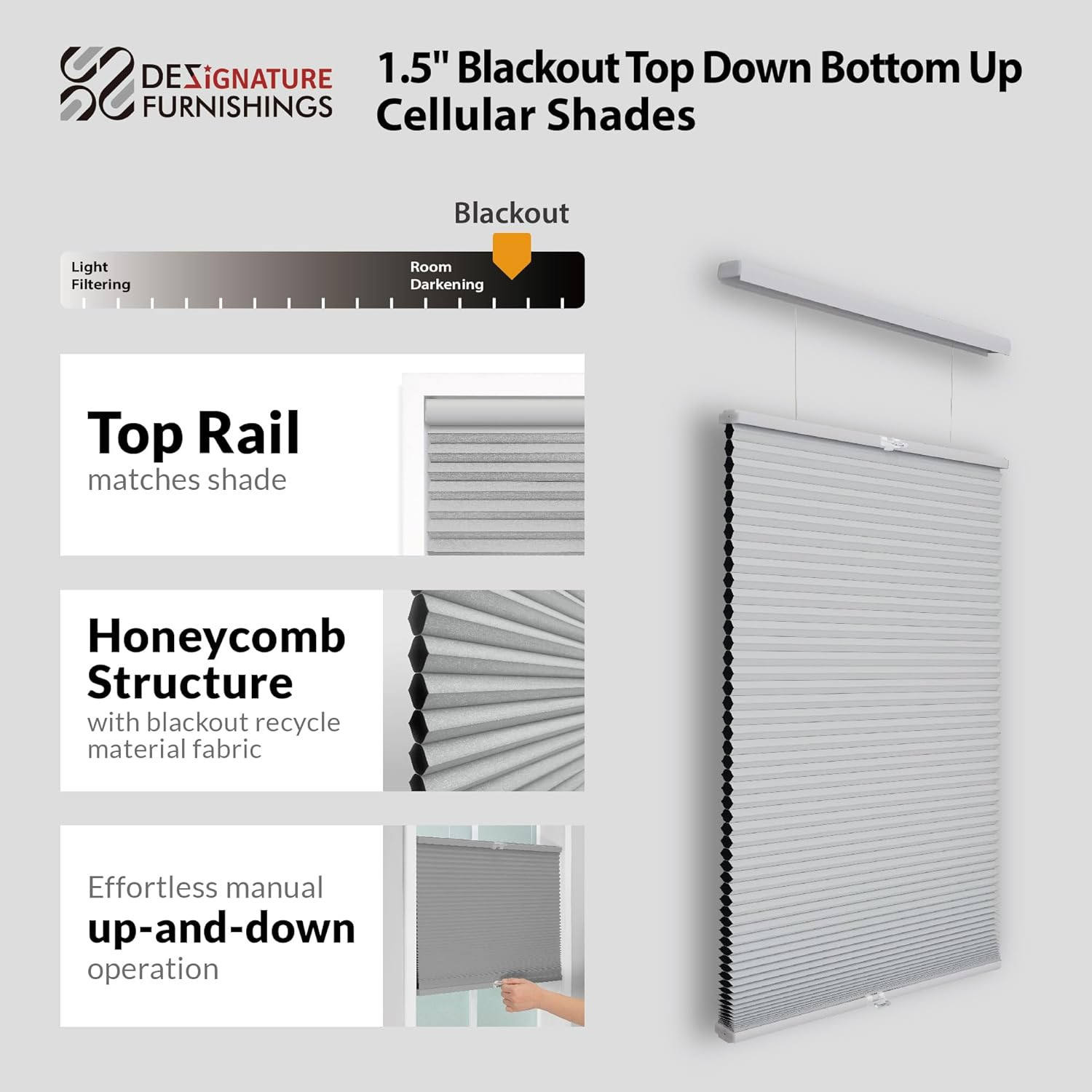 Cordless Blackout Cellular Shade 62″ W x 72″ H Gray Cloud