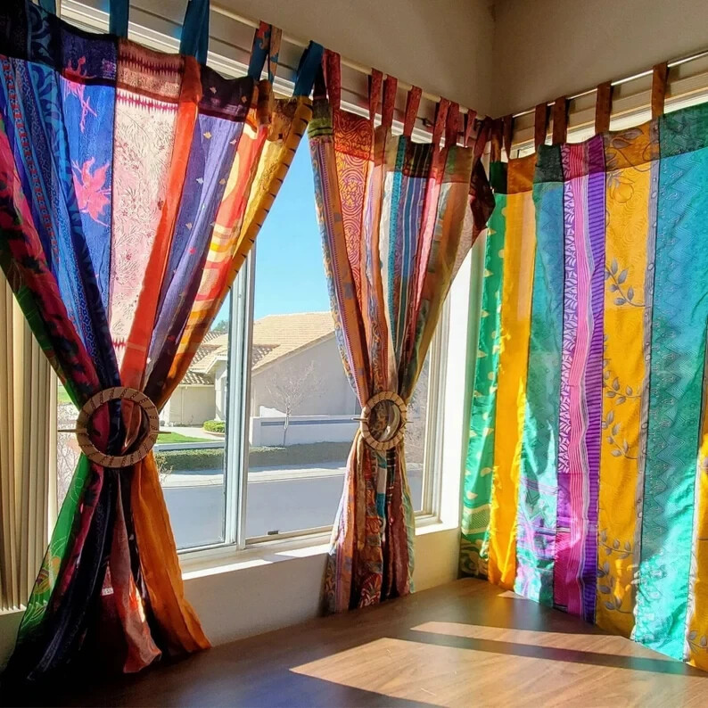 2 Pc Indian Old Recycle Silk Saree Boho Multi Curtain Door Drape Decor Curtain