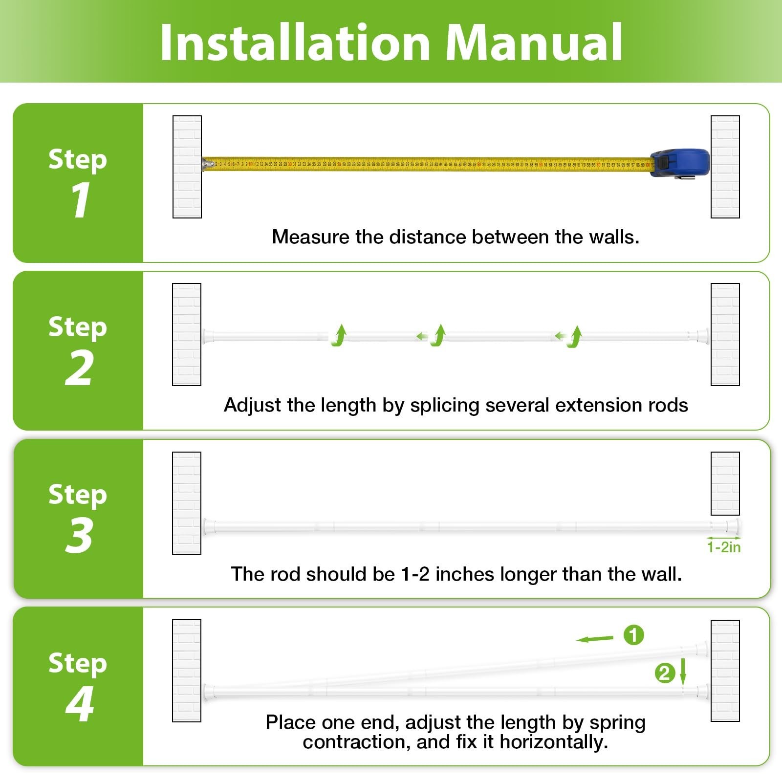 Adjustable Spring Tension Curtain Rod 31-76 Inch – No Drill, White, 7/8″ Diamete