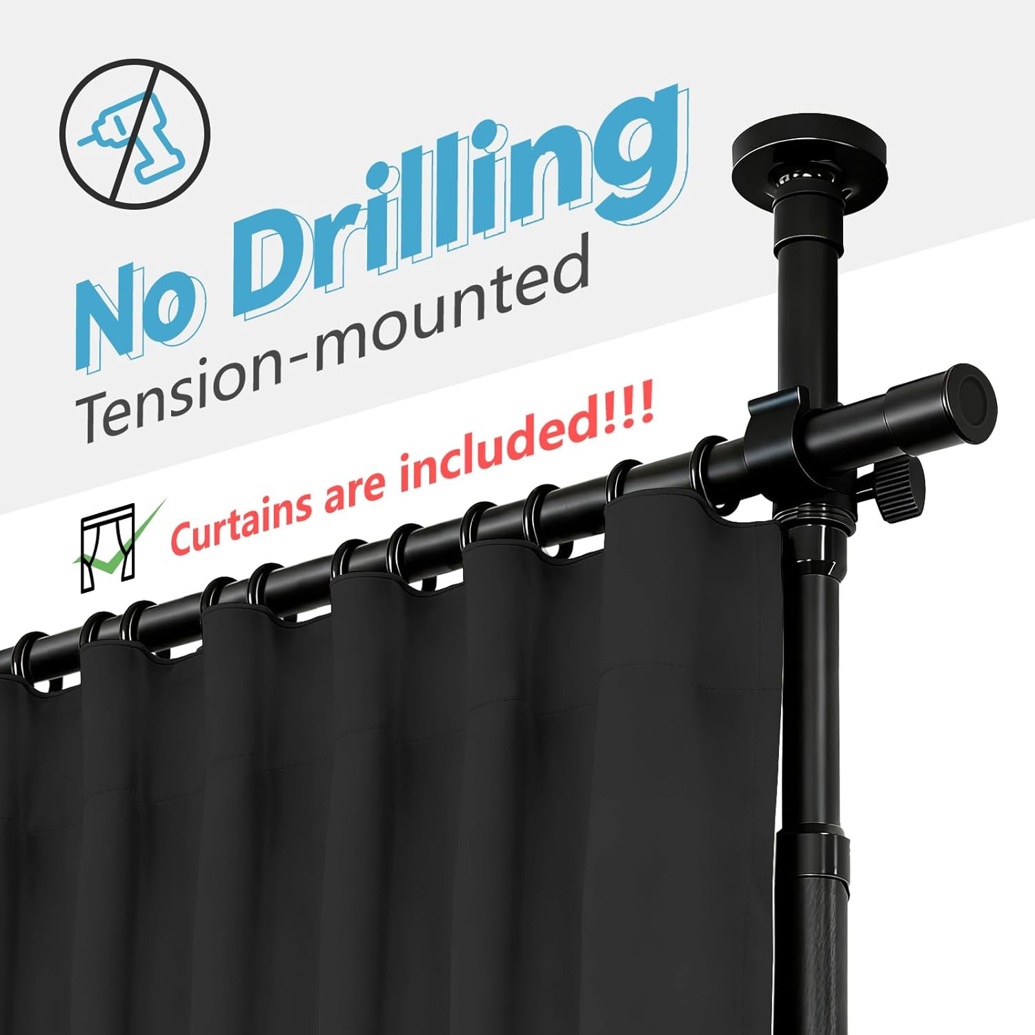 No Drill Room Divider Curtain Set Adjustable Tension Rod Black Privacy Curtain