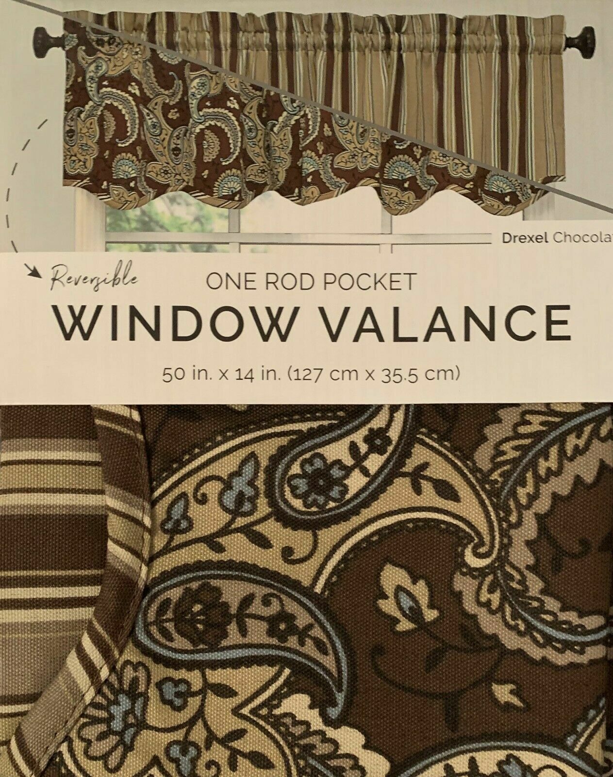ELLERY Reversible Valance Drexel CHOCOLATE with a Touch of Blue 50″ x 14″ NEW